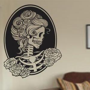 Extra Large Victorian Woman Skull Wall Vinyl Decal..