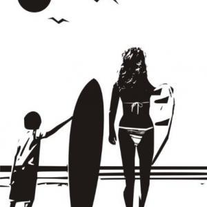 Boy And Mom With Surfboard Staring Into Ocean..