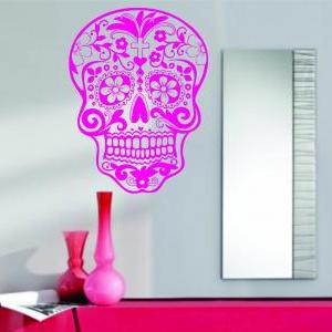 Extra Large Pink Sugarskull Wall Vinyl Decal..