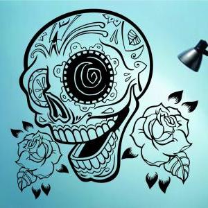 Sugarskull Version 22 With Roses Wall Vinyl Decal..