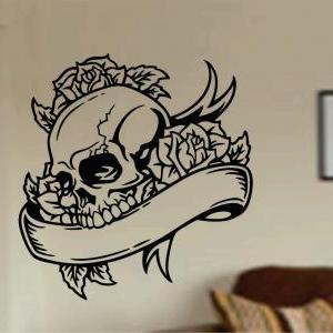 Tattoo Skull With Banner Wall Vinyl Decal Sticker..