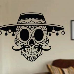 Mustache Day Of The Dead Skull Wall Vinyl Decal..