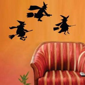 Three Fllying Witches Halloween Wall Vinyl Decal..