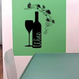 Wine Glass And Wine Bottle Wall Decal Sticker..