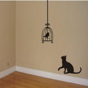 Cat Staring At Birdcage Wall Decal Sticker Wall..