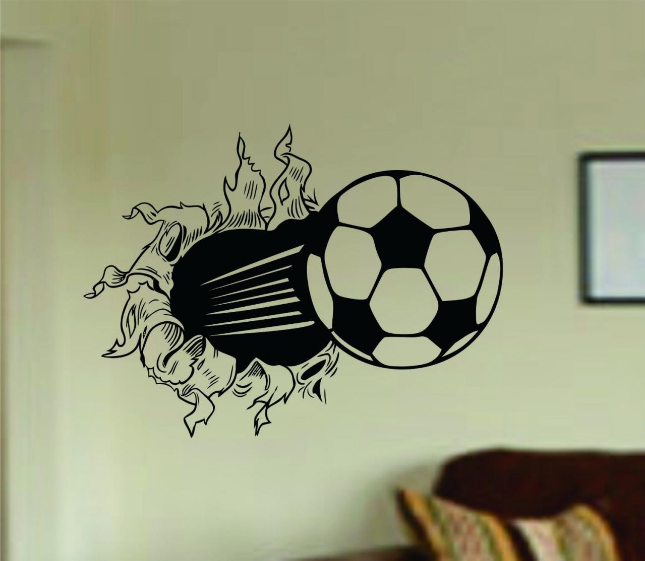 WORLD CUP Special Soccer Ball Bursting Through Wall Vinyl Wall Decal Sticker Art Sports Kid Children Ball Nursery Boy Teen
