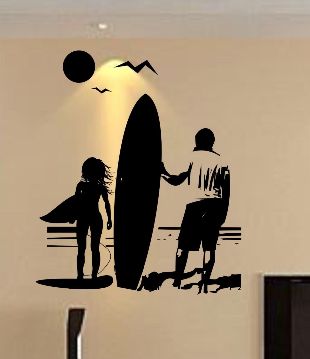 Girl and Dad with Surfboard Staring Into Ocean Sticker Wall Decal Sticker