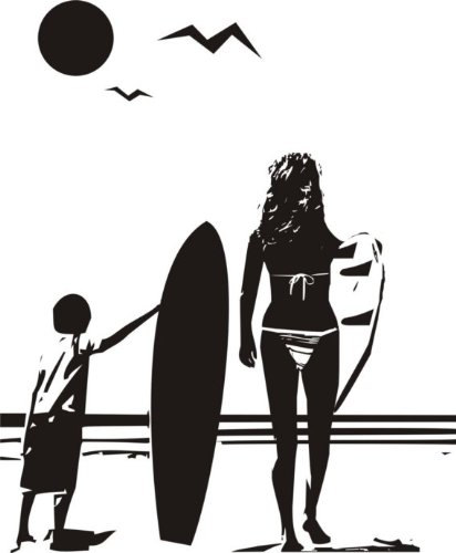 Boy And Mom With Surfboard Staring Into Ocean Sticker Wall Decal Sticker