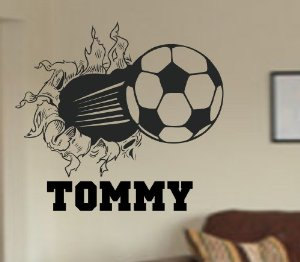 Soccerball Bursting Through Wall Vinyl Wall Decal Sticker Art Sports Kid Children Ball Nursery Boy Teen