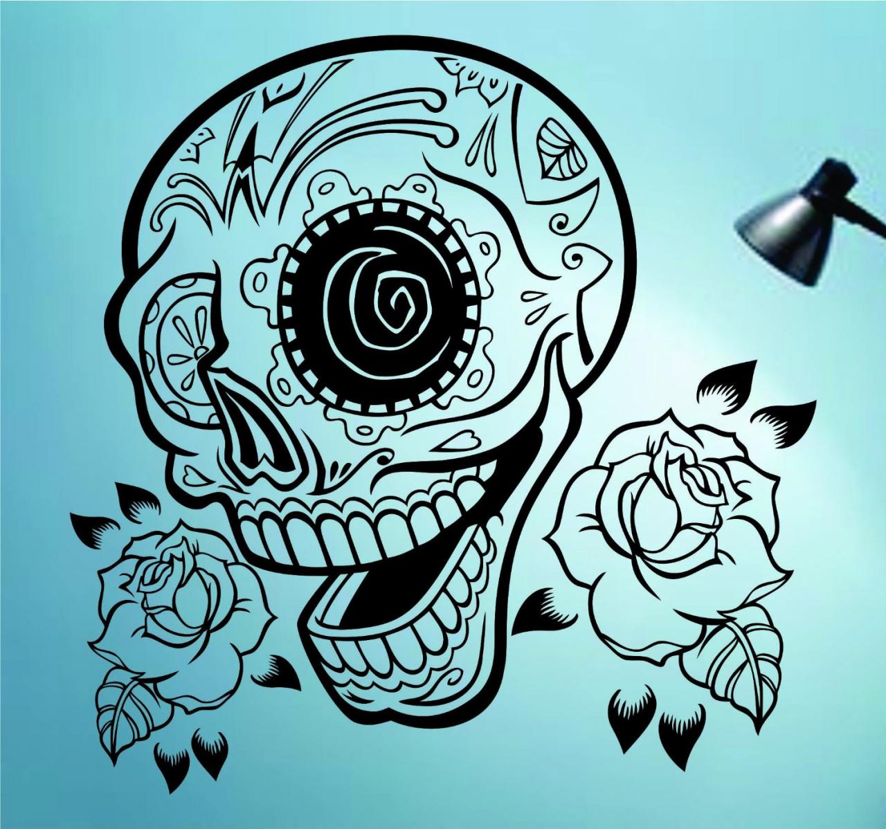 Sugarskull Version 22 With Roses Wall Vinyl Decal Sticker Art Graphic Sticker Sugar Skull