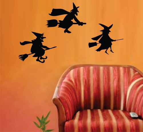 Three Fllying Witches Halloween Wall Vinyl Decal Art Graphic Sticker