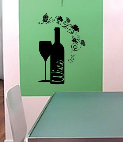Wine Glass And Wine Bottle Wall Decal Sticker Kitchen Room Decor Dining Room Grapevine