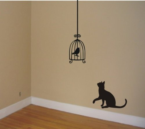 Cat Staring At Birdcage Wall Decal Sticker Wall Cats Birds Graphic Art