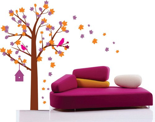 Autumn Tree With Bird House And Birds - Kids Baby Wall Vinyl Decal Big Big Big Fall Art Graphic 8 Foot Tall