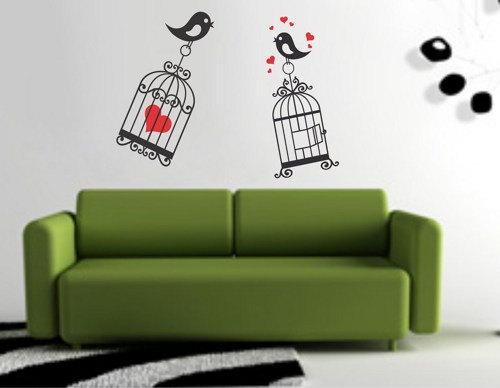 Lovebirds and Cages Decal Sticker Wall Mural Nursery Modern Kids cage Love Bird Birds Heart Hearts